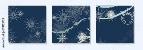Square winter post templates for social networks. Abstract snowflakes dark blue background. Christmas winter theme. Banner design. Vector illustration.