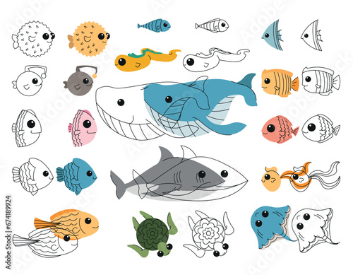 Fish coloring book set, vector design for children education,kid educational game page.