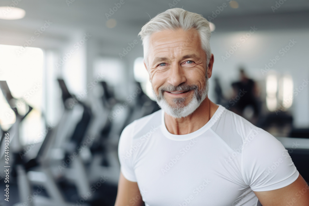 senior old man happy expression in a gym. fitness teacher concep