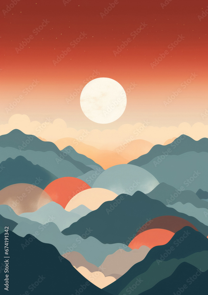 Beautiful portrait landscape - in vector watercolor style with golden glowing sun