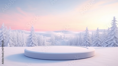 Winter Christmas Product podium on the background of drifts, snowflakes and snow, background landscape nature with trees © megavectors
