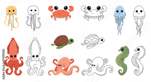 Sea world inhabitants concept. . Cartoon flat vector illustration for printing on paper. Elements for coloring book