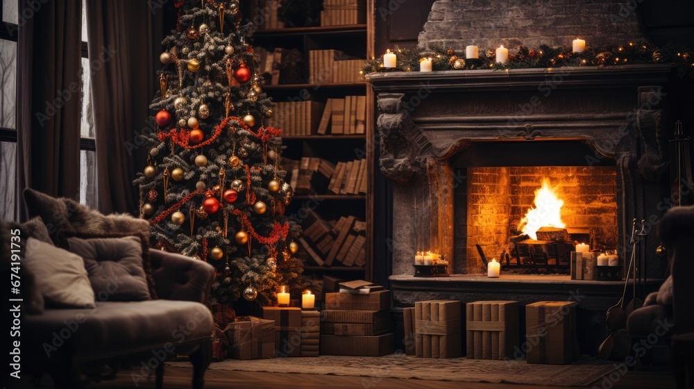 Christmas tree in the room on the background of the fireplace Christmas tree in the room on the background of the fireplace