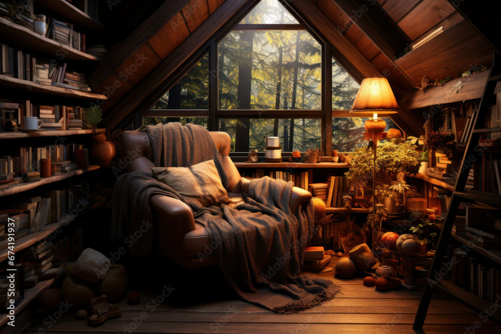 A cozy book nook with shelves filled with literary treasures and a comfortable reading chair, inviting bookworms into a world of stories. Generative Ai.