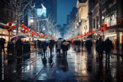 A bustling city street adorned with holiday lights, festive store displays, and shoppers carrying bags of Christmas gifts, capturing the urban excitement of the season. Generative Ai.