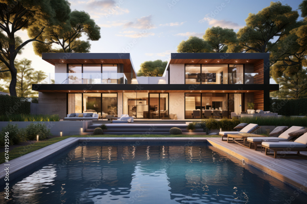 Contemporary residence featuring an open-plan living space and a private wing of bedrooms, including a small terrace for relaxation. Generative Ai.