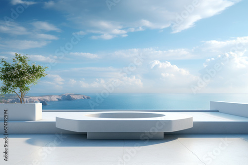 Shimmering white podium overlooking the serene ocean in the backdrop, capturing an elegant and tranquil atmosphere. Generative Ai. © Sebastian