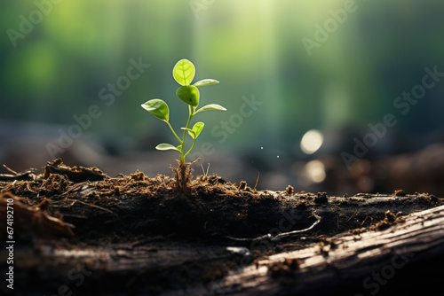 A young sapling sprouting from the remains of an ancient tree stump, symbolizing nature's resilience and renewal. Generative Ai. photo