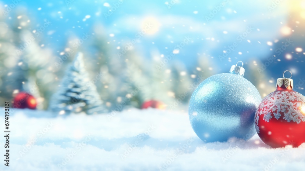 Fototapeta premium Winter Christmas background with snow and blurred light bokeh effect