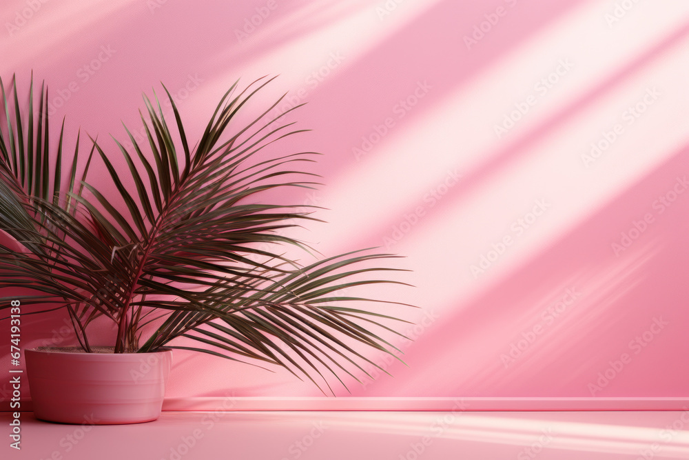 Abstract background showcasing blurred shadow patterns from palm leaves projected onto a pink wall, creating a serene environment for product displays. Generative Ai. Abstract background showcasing blurred shadow patterns from palm leaves projected onto a pink wall, creating a serene environment for product displays. Generative Ai.