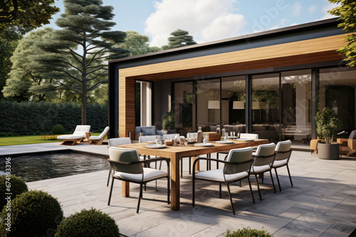 A modern, luxurious house exterior with a dining area and well-tended garden, showcasing contemporary architecture and outdoor living spaces. Generative Ai. © Sebastian