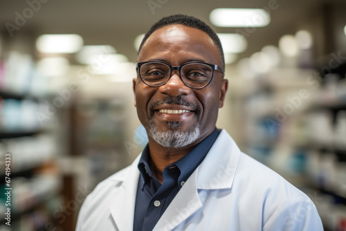 A confident black pharmacist, wearing a lab coat and glasses, stands with arms crossed and a charming smile. Generative Ai.