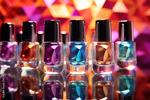 Close-up of colorful nail polish bottles on a mirror surface © InfiniteStudio