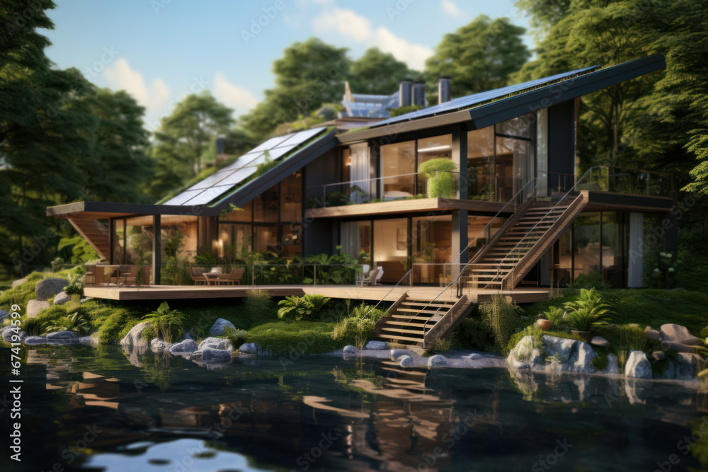 A sustainable eco-house set amidst a lush green environment, symbolizing harmony with nature and ecological living. Generative Ai.