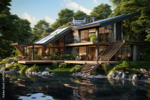 A sustainable eco-house set amidst a lush green environment, symbolizing harmony with nature and ecological living. Generative Ai.