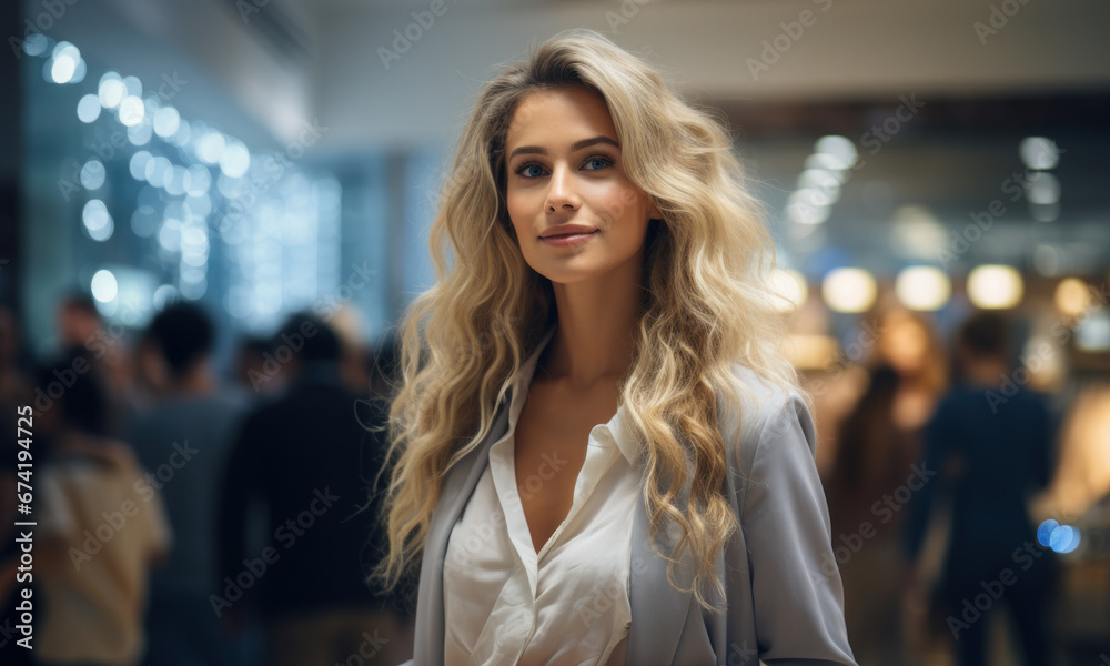 An unidentifiable woman dressed casually, standing in a spacious shopping mall illuminated by numerous lights while holding multiple paper bags. Generative Ai.