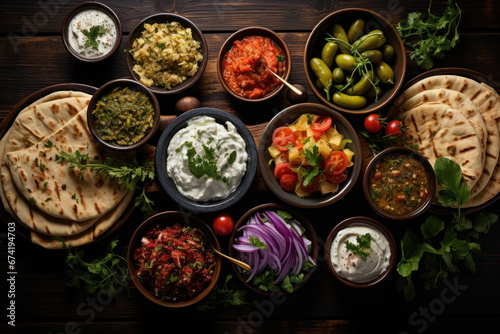 Top view of a variety of traditional Greek dishes, including salad, meze, pie, fish, tzatziki, and dolma, displayed on a wooden background. Generative Ai.