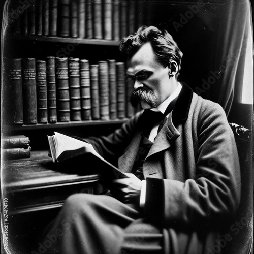 Nietzsche Reading Plato's Republic. Generative AI. photo