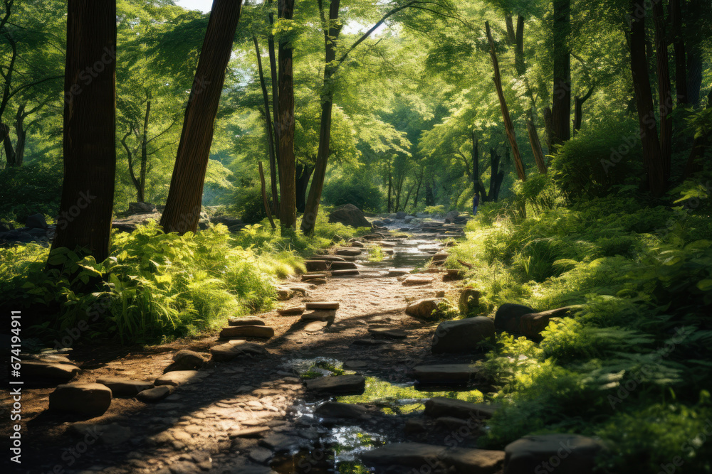 Fototapeta premium An enchanting forest trail, dappled with sunlight and surrounded by lush greenery, inviting a peaceful nature walk. Generative Ai.
