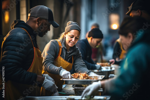 A group of volunteers serving meals to the homeless, exemplifying compassion and kindness. Generative Ai.