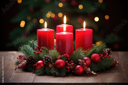 decorated Advent wreath from fir branches with red burning candles on a wooden table , festive bokeh in the warm dark background