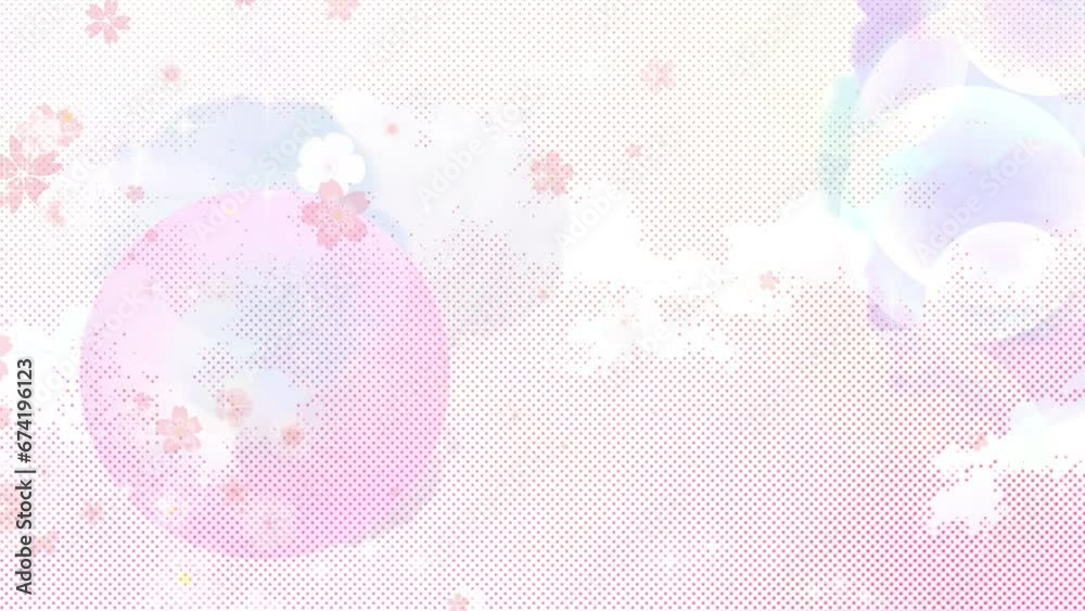 Anime manga style transition with pink sakura blossoms, sparkles and screen tone dots. Wipe in from left to right, alpha channel wipe at start. Stylised Anime FX  background for title sequence.