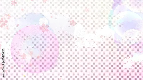 Anime manga style transition with pink sakura blossoms, sparkles and screen tone dots. Wipe in from left to right, alpha channel wipe at start. Stylised Anime FX  background for title sequence.