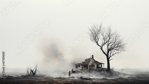 a house damaged by fire, the consequences of destruction, the remains of a house standing alone, a village cottage destroyed by fire, the remains of ash and smoke depressive concept of misfortune © kichigin19