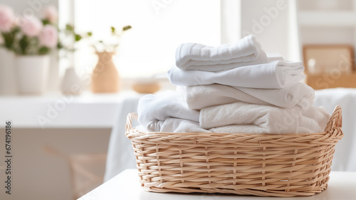 a basket with clean linen in an atmosphere of home comfort with natural soft lighting photo