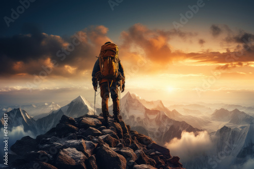 A mountain climber reaching a stunning summit, representing determination and adventure. Generative Ai. © Sebastian