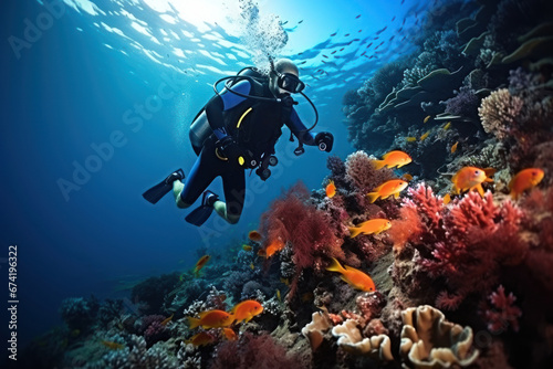 A deep-sea diver exploring vibrant coral reefs, celebrating the wonders of marine life. Generative Ai. © Sebastian