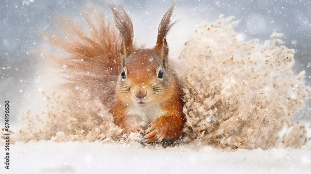 squirrel in winter, a cute fluffy squirrel in the wild runs through fluffy snow in a snowfall in a dynamic pose squirrel in winter, a cute fluffy squirrel in the wild runs through fluffy snow in a snowfall in a dynamic pose