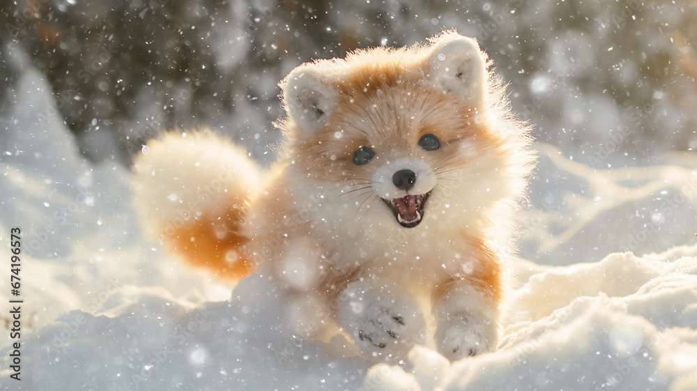 fox, fluffy plush children's toy running through the winter snow, snowfall, snowflakes falling cold christmas season, greeting card fox, fluffy plush children's toy running through the winter snow, snowfall, snowflakes falling cold christmas season, greeting card