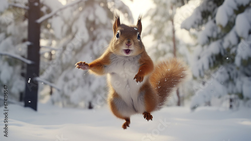 Obraz na płótnie squirrel in winter, a cute fluffy squirrel in the wild runs through fluffy snow in a dynamic pose w salonie