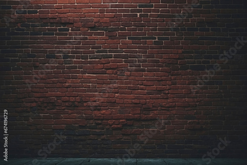 Dark, atmospheric image of an old brick wall with varied tones and a wooden floor.