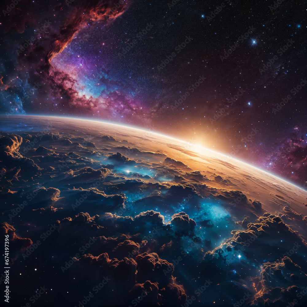 Beautiful space with a lot of stars and cosmic clouds in red, yellow and blue colors