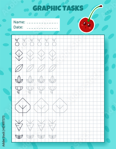 Drawing by cells. Educational game for preschool children. Worksheets with cherry for practicing logic, motor skills. Graphic tasks for kids with different objects and elements. Vector illustration.