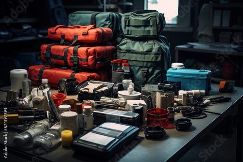 Emergency stockpiles of medical supplies and equipment ready for rapid deployment during a health crisis. Generative Ai.