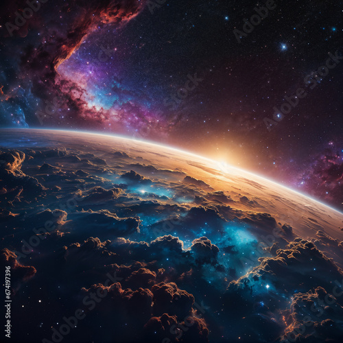 Beautiful space with a lot of stars and cosmic clouds in red  yellow and blue colors