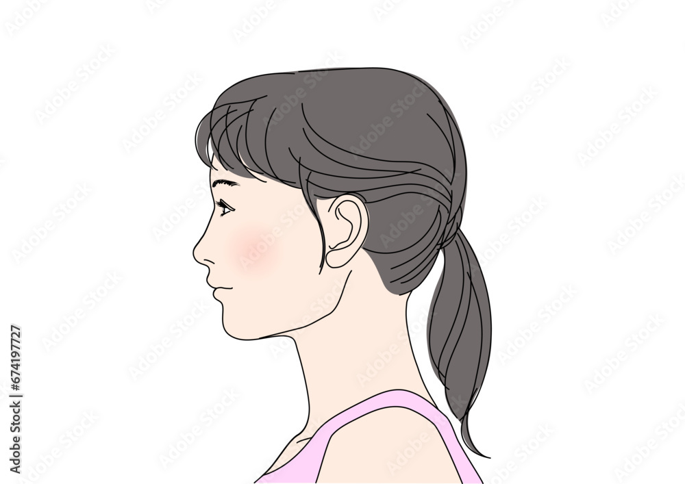 低めに髪を束ねた若い女性の横顔アップのイラスト