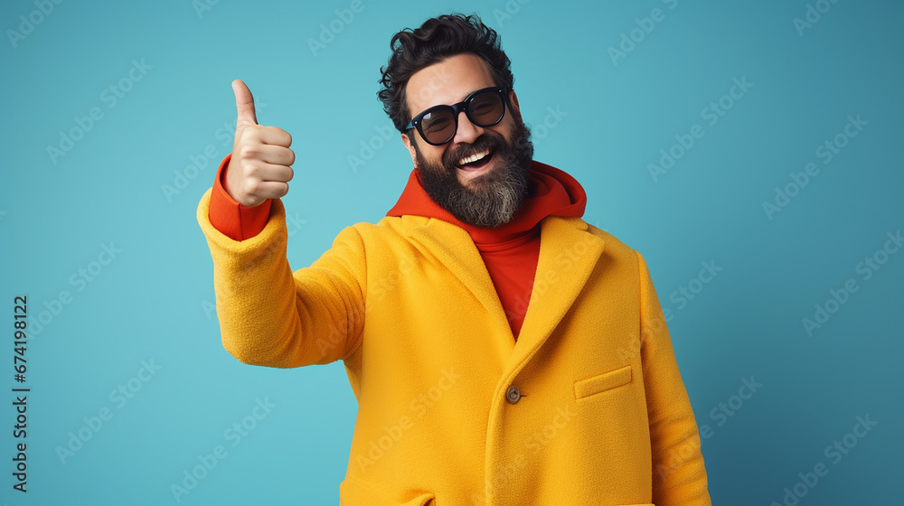 Mann lachend mit guter Laune und positiver Ausstrahlung vor farbigem Hintergrund in 16:9 Mann lachend mit guter Laune und positiver Ausstrahlung vor farbigem Hintergrund in 16:9
