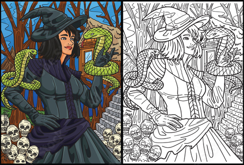Halloween Snake Tamer Coloring Page Illustration
