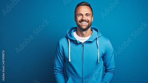 Mann lachend mit guter Laune und positiver Ausstrahlung vor farbigem Hintergrund in 16:9