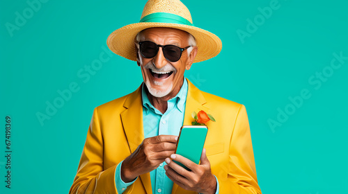 lachender alter Mann mit guter Laune und positiver Ausstrahlung vor farbigem Hintergrund in 16:9