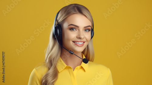 Kundenberaterin mit Headset gelber Hintergrund