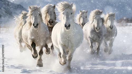 herd of horses is rapidly running in winter in active poses on fluffy snow, motion in nature