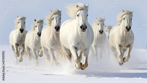 herd of horses is rapidly running in winter in active poses on fluffy snow, motion in nature