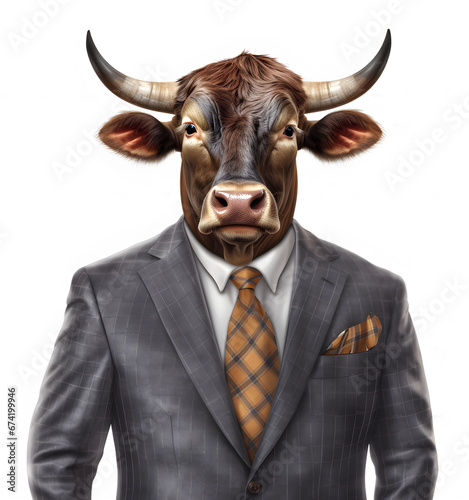 ox head suit, animal costume,stylish classic suit, animal head, white background © elina