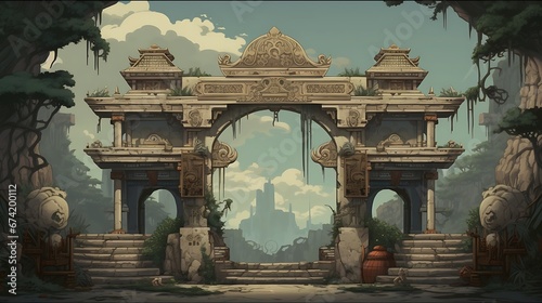 chinese gate, style of owlboy pixel art photo