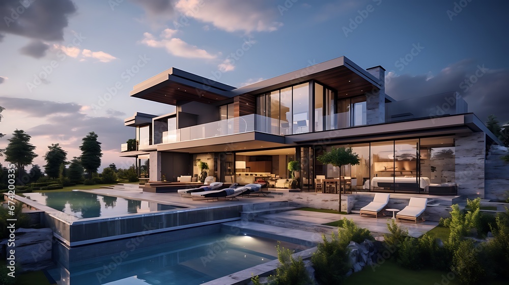 Modern villa with stunning views, gray villa with partly cloudy sky, and a beautiful luxurious garden, picture size - obrazy, fototapety, plakaty 